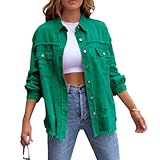 LYSINK Women's Ripped Distressed Denim Jacket Long Sleeve Button Down Boyfriend Jean Coat Trucker Jacket for Spring Autumn (Ba Green, XL)