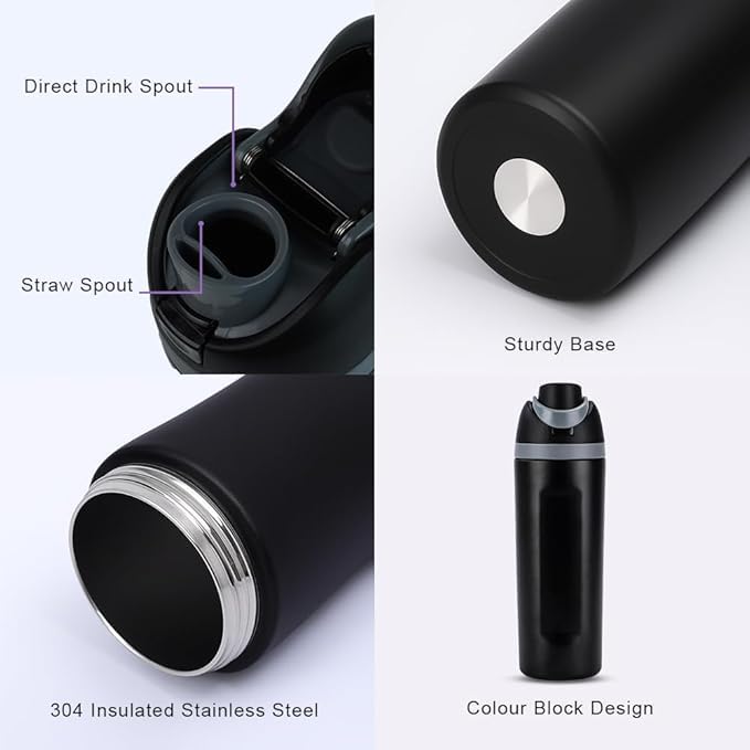 Image of FreeSip Insulated Stainless Steel Water Bottle with Straw for Sports and Travel, 32OZ (960 ML)(Black)