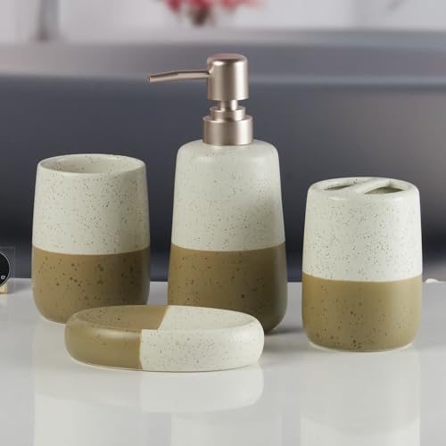 Image of SaSaSa Ceramic Bathroom Accessories Set of 4 Modern Bath Set with Soap Dispenser & Toothbrush Holder, Luxury Home & Gift Idea (11499)