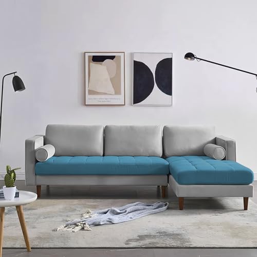 Image of Lezra RHS 4 Seater L Shape Sofa Set for Living Room (Turquise Grey Fabric) Premium Fabric Sofa