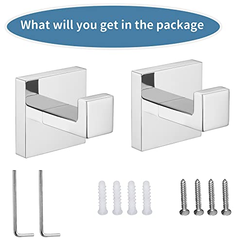 Image of 2 Pack Towel Hooks,Bathroom Towel Robe Hook Polished Chrome 304 Stainless Steel Wall Mounted Hooks for Bath Kitchen Bedroom Garage Hotel
