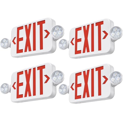 Emergency Exit Sign Lights Combo With Battery Backup, Double Sided Hardwired 6 LEDs, Adjustable Heads Red Lighting Ceiling/Wall Mount, UL Listed, AC 120/277V (4 Pack)