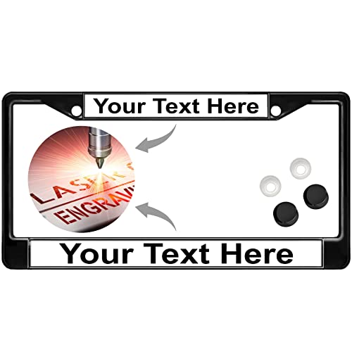 Image of Custom Personalized Black Powder-Coated Metal Laser Engraved Standard Size - Car /Automobile License Plate Frame with Free caps - White /Black Text (Qty: 1 Frame)