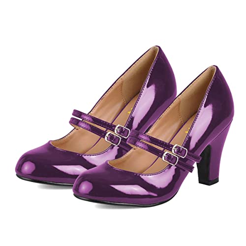 YDN Women Dressy Buckle Strap Pumps Round Closed Toe Mary Jane Mid Chunky Heels Shoes Party Prom Size 4-15 US3