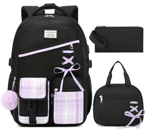 Image of Cute School Backpack for Teen Girls, 3Pcs Kids Bookbag with Lunch Box Pencil Pouch for Elementary Middle High School College, Water Resistant Laptop Backpacks Back to School Gift Black Purple Tartan