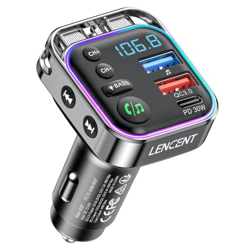 LENCENT Transmisor FM Bluetooth 5.3, Adaptador Bluetooth Coche | con Carga Rápida PD 30W & QC3.0, Cargador de Coche con Alta Fidelidad Música Agudos, Llamadas Manos Libres