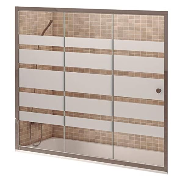 Mampara Frontal Para Bañera Modelo MICHIGAN. Una Hoja Fija Mas Dos Hojas Correderas, Ancho de 160 cm, Cristal 6 mm Decorado Serigrafía, Perfil Aluminio Cromado