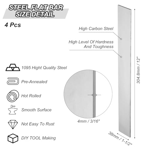 PATIKIL 4er-Pack Federstahl 1095 für Messerherstellung, 12 x 1 1/2 x 3/16 Stahlblech für DIY-Blankblech, professionelle und Hobbynutzung