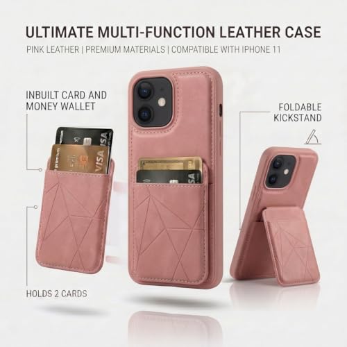 Image of amazon basics Premium Vegan Leather Back Cover with Card Holder and Integrated Mobile Stand for iPhone 11 - Slim Shockproof Wallet Case with Geometric Stitching [Pink]