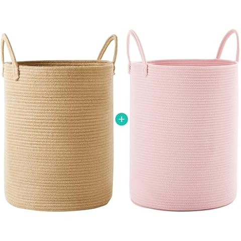 MOJOSCEND Pink and Jute Laundry Hamper Basket for Baby Nursery Kids, 15Dx20H inches Tall Woven Laundry Basket for Girls, Large Clothes Hamper for Bedroom-60L Cover