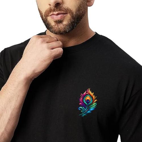 Image of prabhu bhakti Men's Oversized Peacock Feather Printed Black Cotton T-Shirts | Collection | Round Neck Drop Shoulder Half Sleeve Black Casual T-Shirt for Men