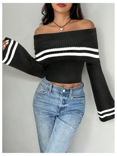 MakeMeChic Women's Off The Shoulder Sweaters Bell Sleeve Tops Cropped Sweater Striped Pullover Trendy3