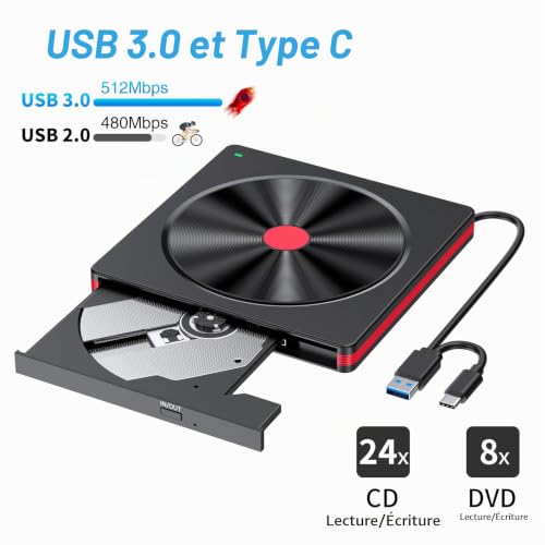 Aumdie Lecteur CD DVD Externe, Graveur DVD Externe avec USB3.0 Type-C, Lecteur CD/DVD RW ROM Lecteur Graveur CD DVD Optiques Externes pour PC, Laptop Desktops,Macbook, Windows11/10/8.1/7,Mac OS Noir – vue 3
