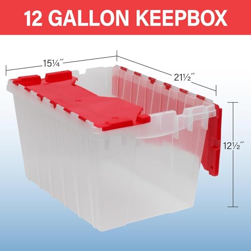 Image of Akro-Mils KeepBox 12 Gallon Storage Container, Nesting and Stackable Plastic Storage Box with Lid Attached, Clear Tote for Garages, Closets, and Moving, 21-1 /2 inch x 15 inch x 12-1 /2 inch, Clear /Red