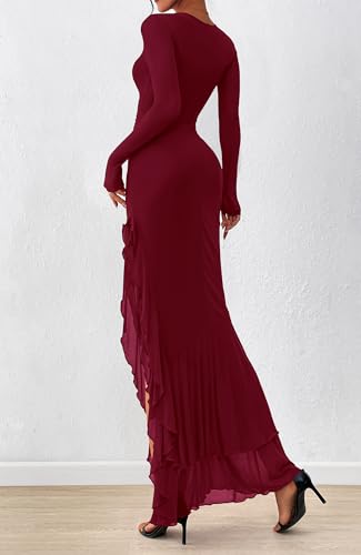 BTFBM Women's Maxi Dresses Fall 2025 Long Sleeve Ruched Bodycon Solid Ruffle Mermaid Cocktail Wedding Guest Dress