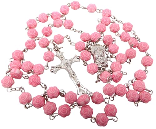 Westmon Works First Communion Rosary Set for Girls with Pink Rose Shaped Bead Case and Holy Card3