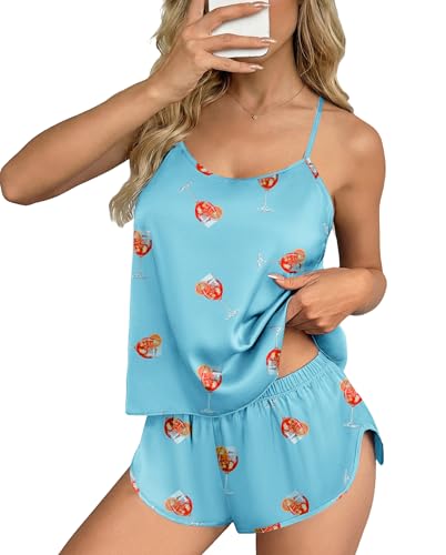 Image of Ekouaer Silk Pajamas Set for Women Satin Backless Lingerie Pjs Cami Top and Shorts Nightwear