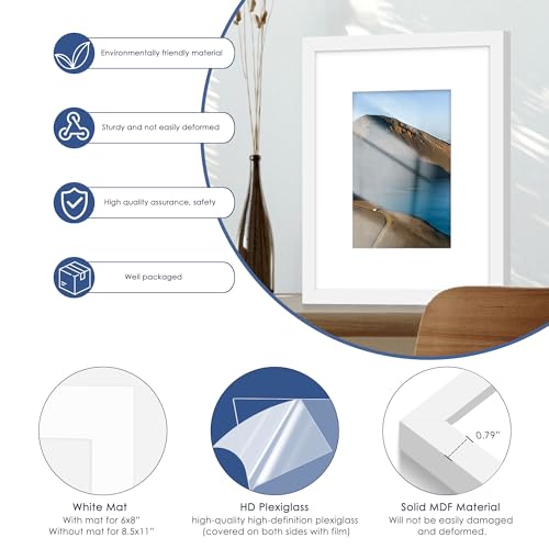 Image of PEALSN 8x10 Picture Frame Set of 6, Display Pictures 5x7 with Mat or 8x10 without Mat for Wall Mounting or Table Top Display, Photo Frames Collage for Wall Decor, White.