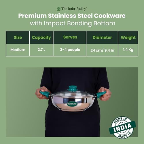 Image of The Indus Valley Stainless Steel Impact Bonded Kadai 2.7 litres | 100% Toxin-Free Cookware | Even Heating | Heat-Resistant Handle | Induction-Friendly | Suitable for Gas & Induction Cooking