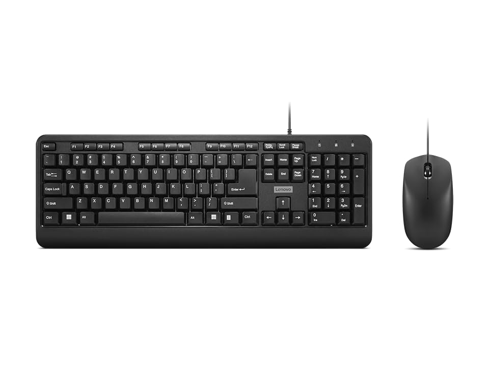 Lenovo 160 Wired Keyboard and Mouse Combo | Waterproof Exoskeleton | Splash Proof Keys | 1600 DPI Full Size Mouse | Non-slip Scroll Wheel | Stand