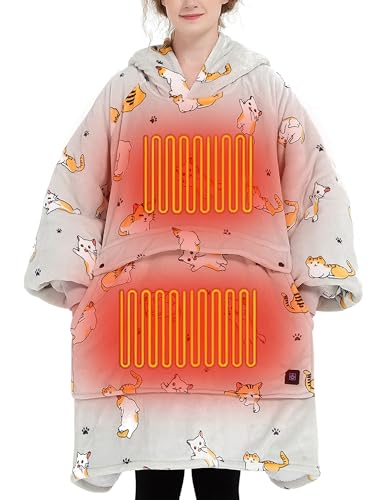 KFUBUO Heated Electric Wearable Blanket Throw Battery Operated Portable USB Cordless Outdoor Hoodie Sweatshirt (Heated Blanket Cats)
