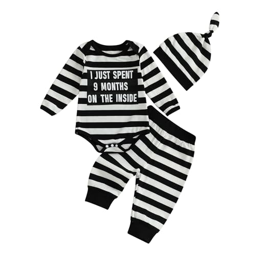 BeliBacca Newborn Halloween Prisoner Outfits Infant Baby Fall Winter Casual Bodysuit Long Sleeve Letter Print Striped Romper Pants Hats Set (White 0-3 Months)