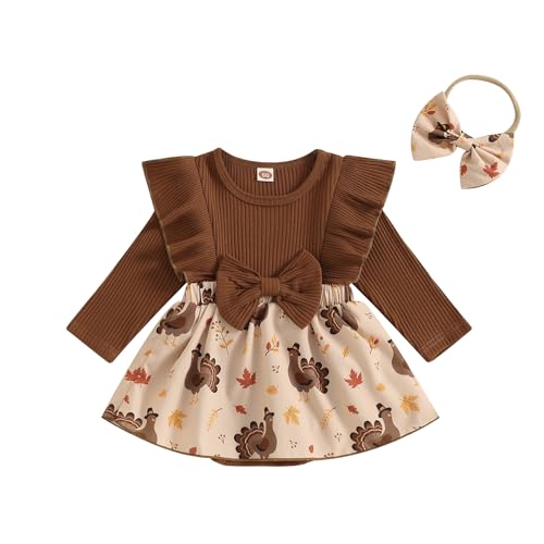 Image of Covvoliy Newborn Baby Girl Clothes Floral Print Ruffle Long Sleeve Romper Dress Infant Fall Winter Outfits Headband
