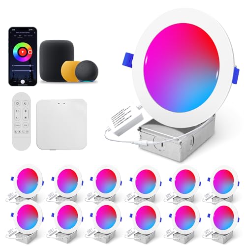 Wi-Fi & Bluetooth Smart Recessed Lighting 6 Inch RGB Downlight Can Lights – 13W 1100LM 93CRI, Ceiling Light with Signal-Boosting Mesh Gateway, Alexa/Google/Siri & Remote/App/Switch Control, 12 Pack