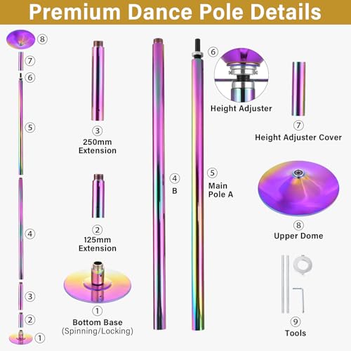 45mm Spinnings & Static Dance Pole, Premium Heavy Duty Steel Professional Grade Dancing Pole 360° Rotation Adjustable Height, Home Gym Club Fitness Equipment for Dance Lovers Beginners & Pros,Colorful