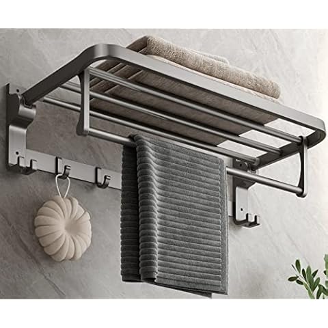 MUSTORN Bathroom Towel Rack with Towel Bar and Hooks 23.6 in Foldable Towel Shelf Wall Mounted Lavatory Towel Organizer Modern Gray Finish Cover
