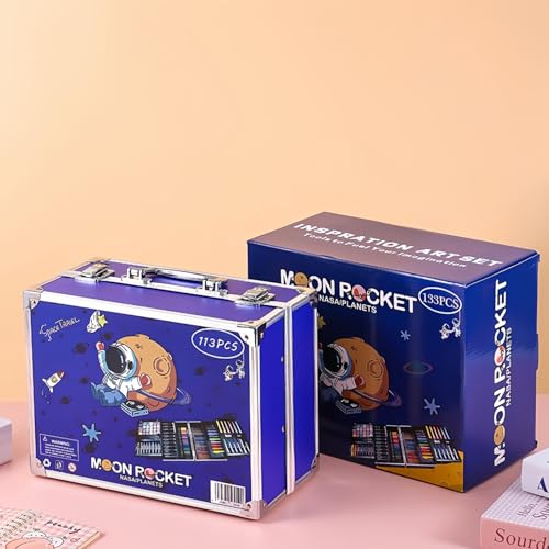 133 点お絵描きセット(色鉛筆 + クレヨン + 固形水彩 無毒画材 木箱収納 女の子向け) スケッチ・水彩画・塗り絵多用途 携帯便利 誕生日・入学祝いギフトに最適 子供用安全画材 (ブルー)