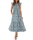 OFEEFAN Floral Maxi Dresses for Women Summer Dress Flutter Sleeve Ruffle Dress Blue L