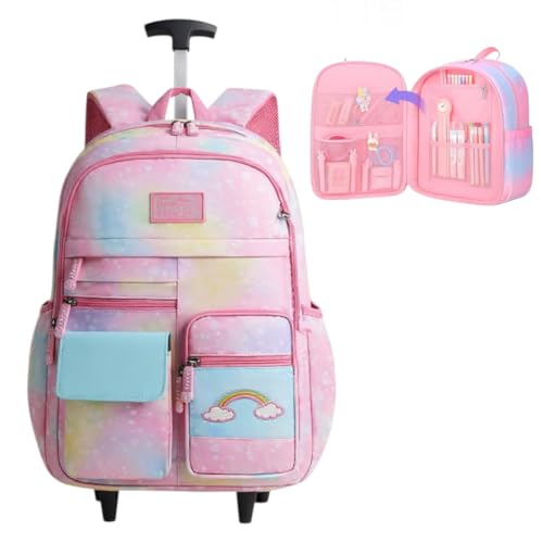Mochila de carrinho Rodinhas Infantil Imperme?vel e com Grande Capacidade, mochila escolar para crian?as de 6 a 13 Anos (Arco ìris Rosa)