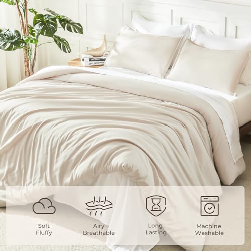 Image of Litanika Full Size Comforter Sets Beige, 3 Pieces Lightweight Bedding Comforter Sets, Down Alternative Comforter Fluffy Bed Set Gift Choice