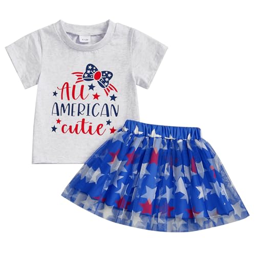 Image of Kayotuas Toddler Baby Girl 4th of July Outfit American Flag Shirt Red Blue Stars Tulle Tutu Skirts Kids Fourth of July Dress
