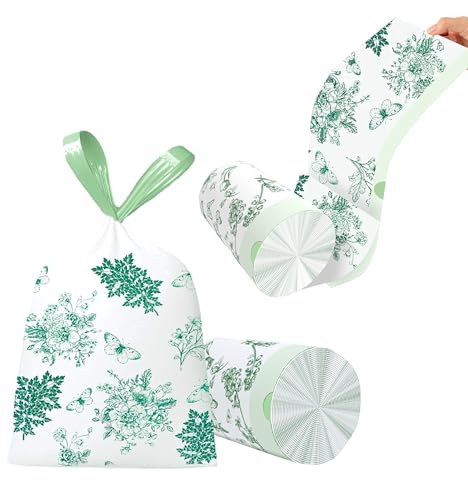 60pcs 4 Gallon Trash Bags Drawstring Tear-Free for Bathroom Office Home Bedroom Trash Can with Green Printed Garbage Basket Bags (Green 60pcs)