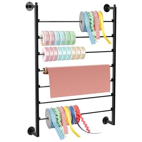 ikare Ribbon Storage Organizer,Wall Mounted Ribbon Organizer,Wrapping Paper Rack,7-Layer Metal Ribbon Storage for Craft Room,Flower Shop,Christmas Gift Wrapping Paper Cover