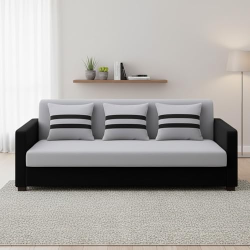 Image of FURNY Lifestylio 3 Seater Fabric Sofa Set (Light Grey-Black) Premium Velvet Finish | Ideal for Living Rooms, Offices
