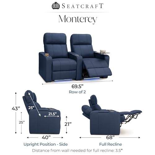 Image of Seatcraft Monterey Home Theater Seating Navy Blue Row of 2 | Italian Leather, Wall Hugger, Zero Gravity, Powered Headrest, Power Recline, Zero Gap, USB charging