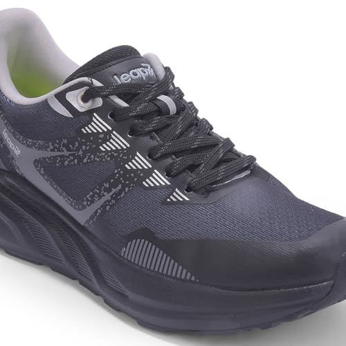 Image of Liberty LEAP7X ROYALESTPE Walking Shoes for Men - Black & Olive Green Lace-Up Sneakers | Memory Foam Cushioned Insole, Lightweight Knit-Mesh Shoes for Daily Walking, Fitness Walks, College & Travel