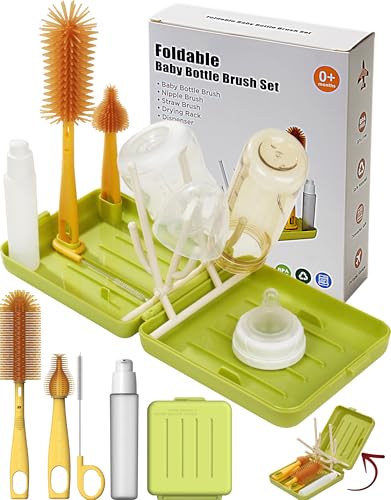 Kit de limpiador de biberones de viaje, juego de cepillos de silicona esenciales 7 en 1, pezón, estante de secado, pajilla y extractor de leche, dispensador de jabón y estuche organizador, regalo para