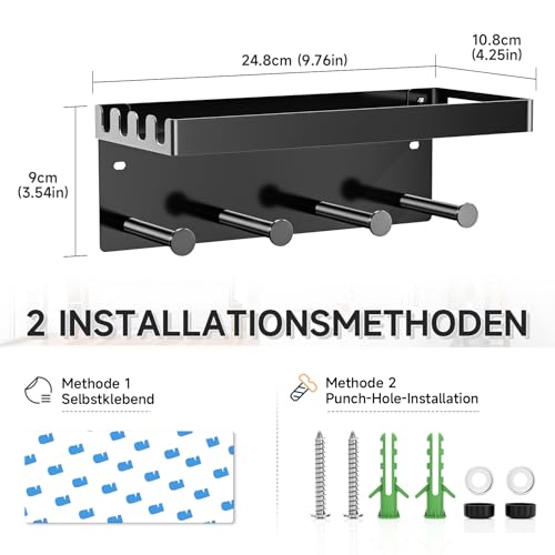 LOXSUN Hundegarderobe mit Ablage, Metall Dogstation Hundegarderobe Hundeleinen Halterung Wand, Schlüsselhalter Schwarz, Schlüsselbrett Ohne Bohren mit 4 Haken für Schlüssel, Hundeleine, Beißleine