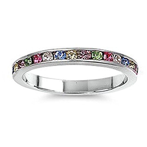 Blue Apple Co. 3mm Channel Set Full Eternity Wedding Band Ring Round Simulated Multicolored CZ 925 Sterling Silver, Size-4