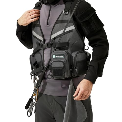 Image of Wading Hands Free Fishing Vest for Lure, Adjustable Straps (Grey) | Built in Rod Holder, Tackle Box Pocket, 3 Heavy Duty D Rings for Landing Net, Gripper and Plier, High Water Resistant Pockets