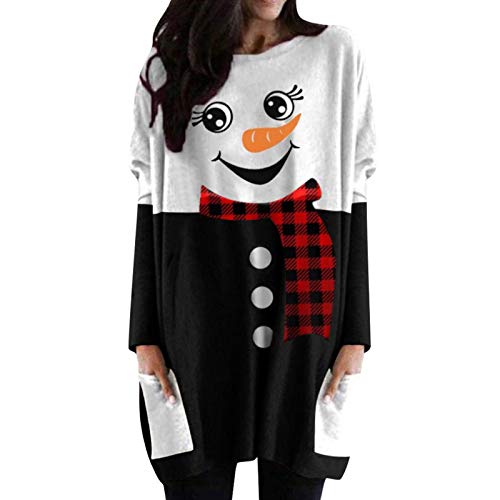 MOUSYA Women Sweatshirts Shirt Christmas Long Sleeve Tops Santa Printed Pullover Loose Plus Size T-Shirt Blouse with Pockets Black White