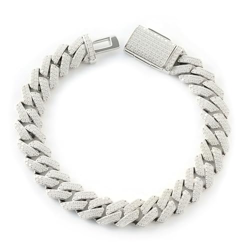 LuxeFlex Moissanite Prong Cuban Link Bracelet/Necklace for Men Women VVS D Color Moissanite 5 Times Rhodium Plated White Gold Iced Out Hip Hop Jewelry with Box Clasp (10mm/12mm/14mm/20mm) (White Gold-10mm 8 Inches)
