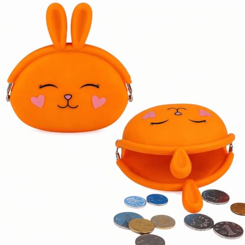 Image of FunBlast Cute Bunny Shape Silicone Coin Purse for Kids & Adults - Mini Pouch for Coins, Earphones, Keys & Small Essentials, Aesthetic Pouches for Girls & Women - 12 X 9.5 X 3 Cm (Bunny-Orange)