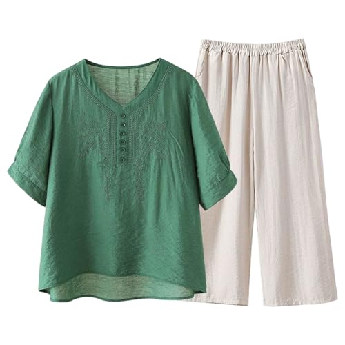 Conjunto de lino para mujer de dos piezas con top de cuello en V para verano