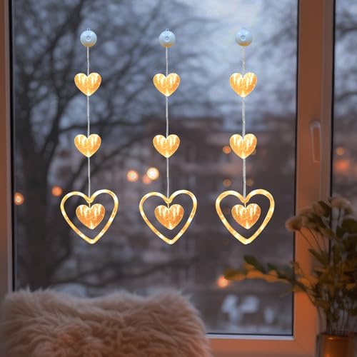 LED Heart Shaped Fairy Light,Valentines Window Lights,Battery Powered Love Window Hanging Light with Suction Cups,for Heart Shaped Curtain Lights Valentine Window Garden Patio Decorations