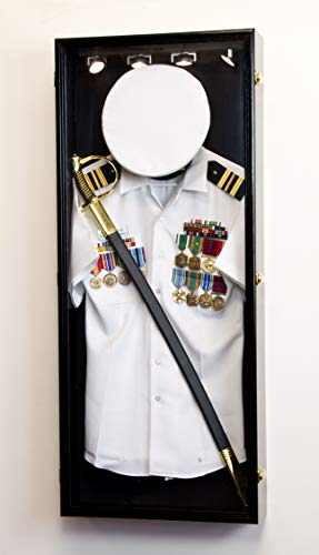 Military Shadow Box Display Case Uniform Cap Hat Sword Medals Cabinet Wall Frame - Lockable (Black Finish, Black Felt Background)